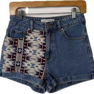 Bullhead Women's Blue Denim Shorts with Patterned Accent